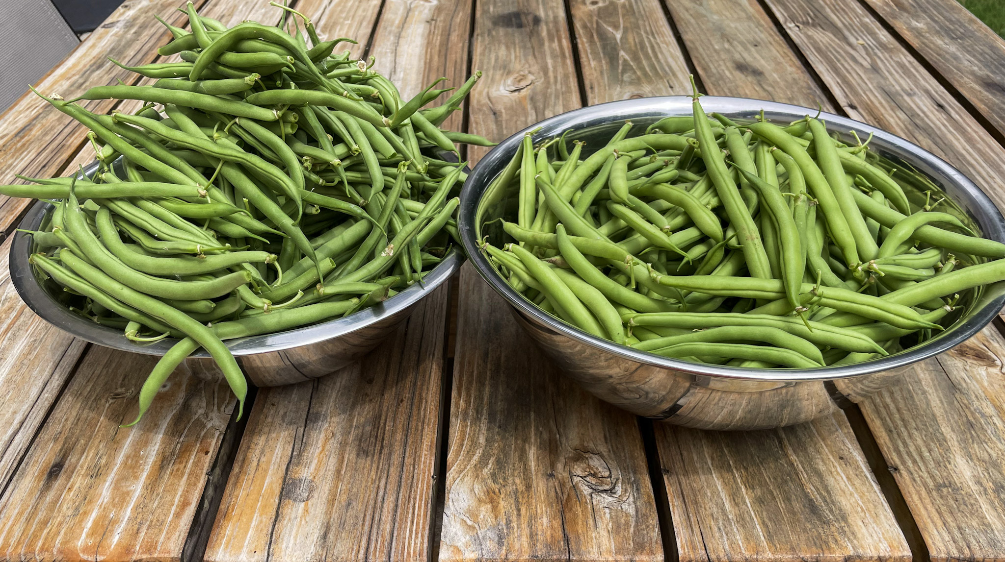 two large metal bowls full of green beans